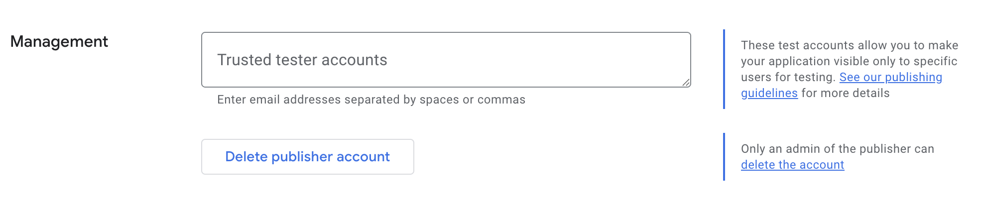 Management section with Delete Publisher button