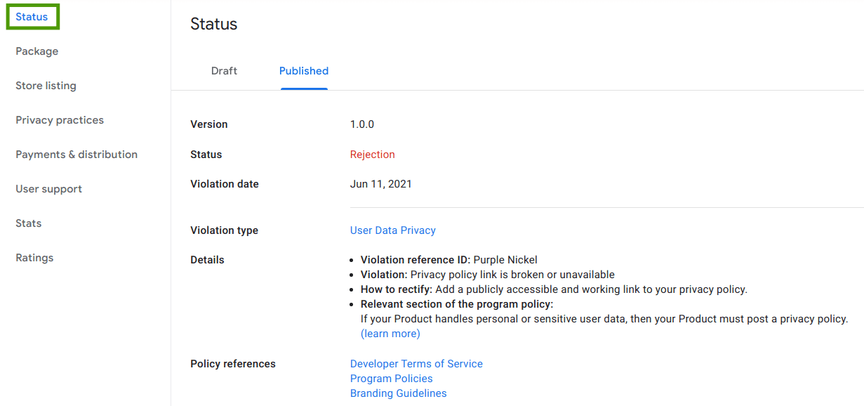 A guia "Status"
da Chrome Web Store