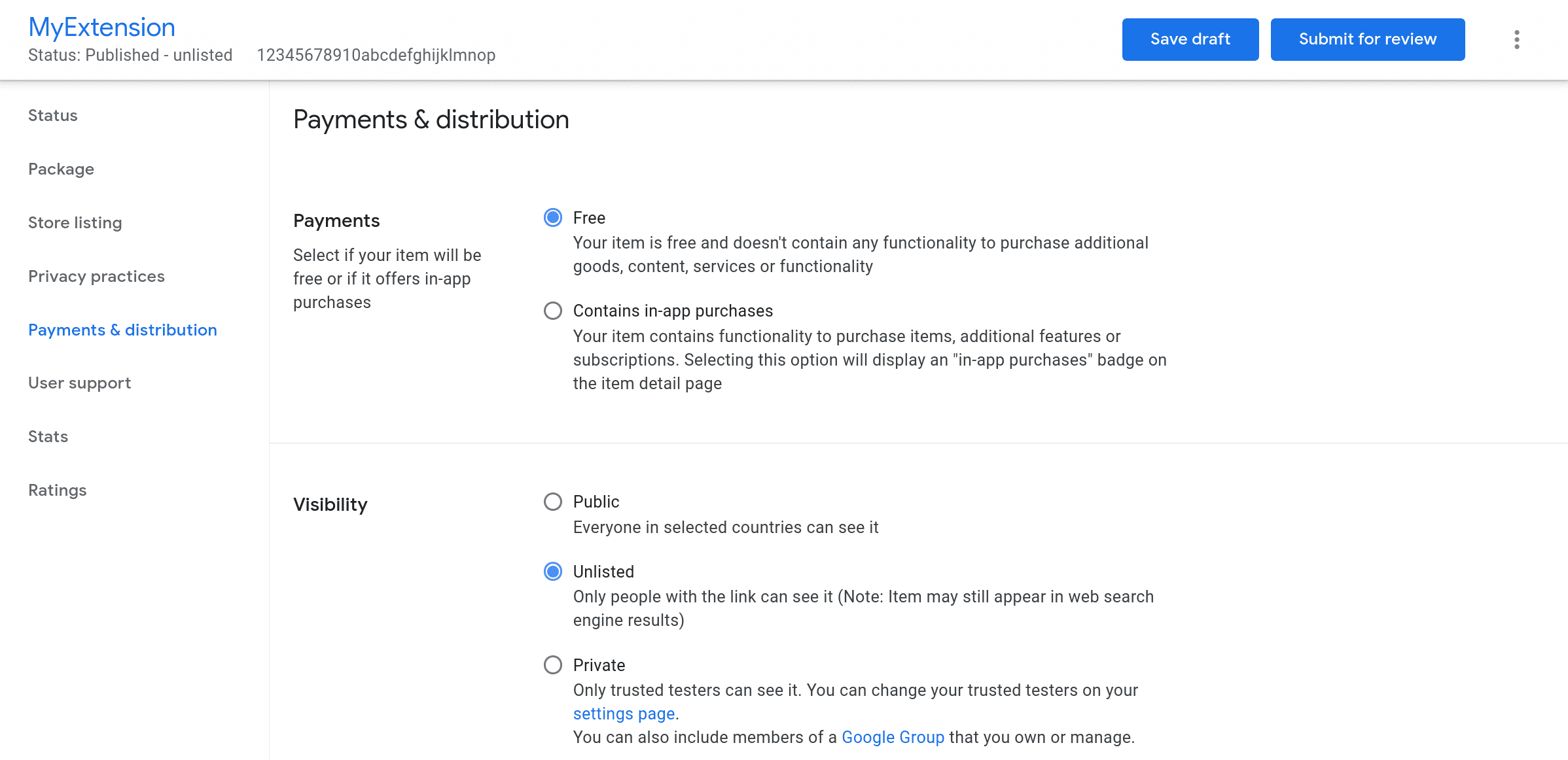 The Chrome Web Store distribution page options for visibility and regions.