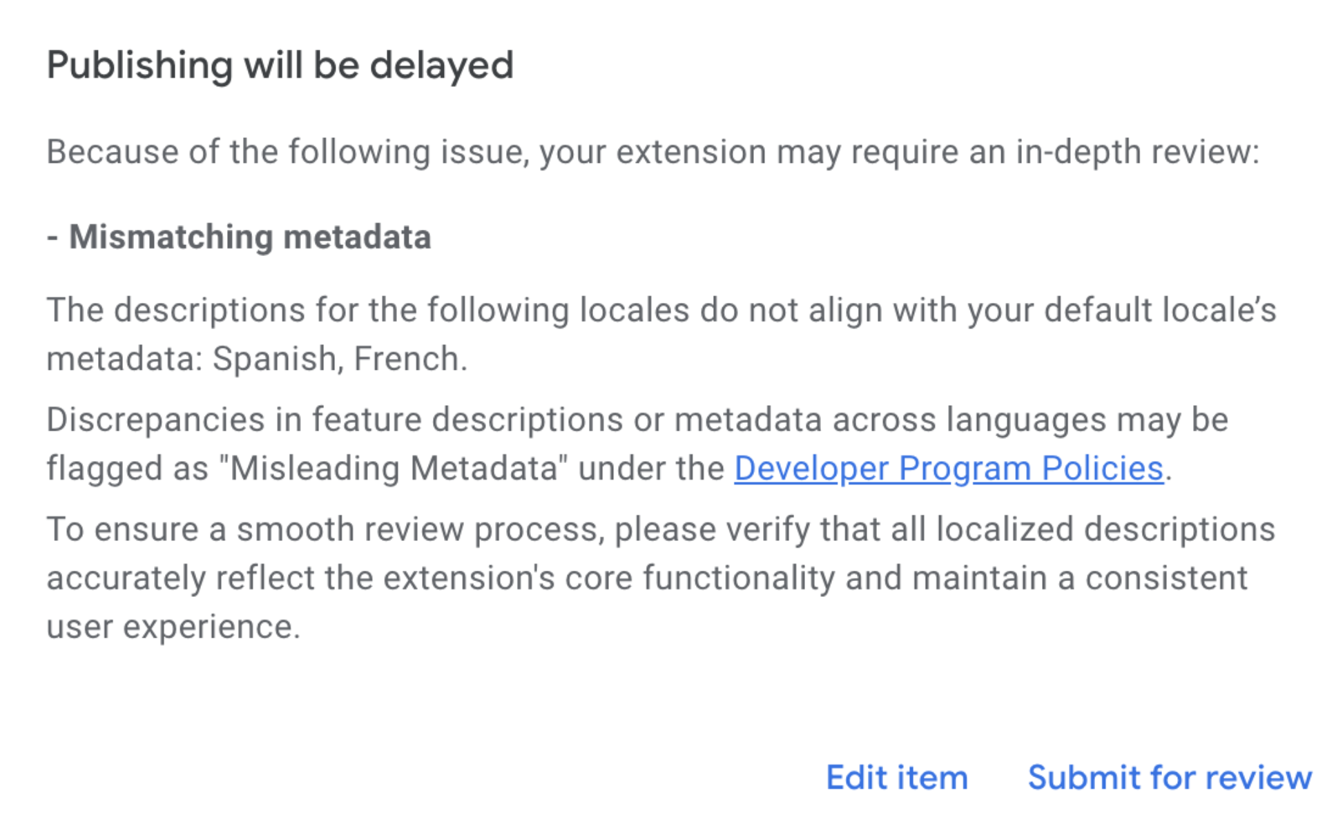 Warning dialog shown for inconsistent metadata on submission