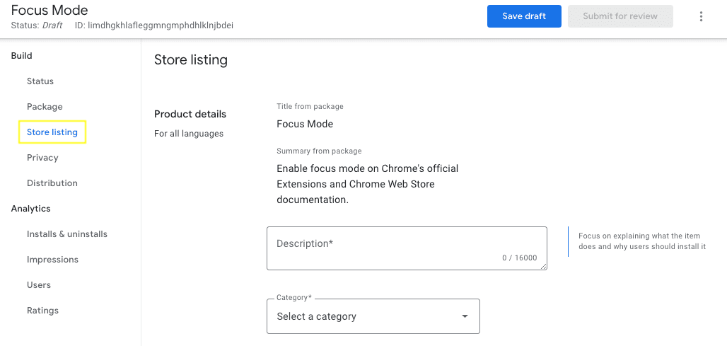 Captura de tela da guia "Detalhes do app" do painel do desenvolvedor da Chrome Web Store