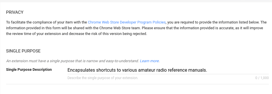 Screenshot del campo relativo alla privacy "Singolo scopo"