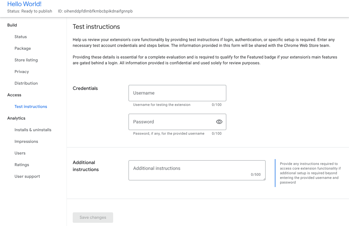 Chrome Web Store test instructions page.