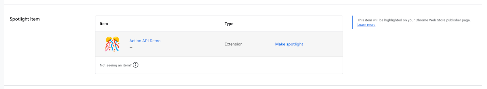 Spotlight item setting in Developer Dashboard.