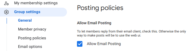 「允許透過電子郵件張貼」選項的螢幕截圖