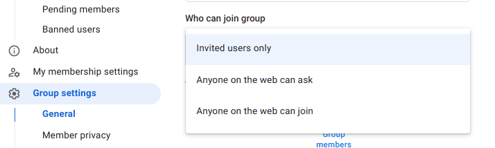 Zrzut ekranu z opcją wyboru opcji „Tylko zaproszeni użytkownicy”