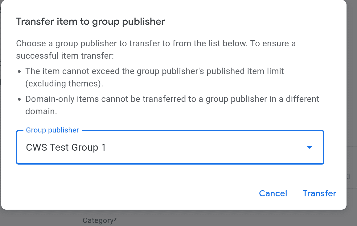 Screenshot of
transfer to group publisher dialog