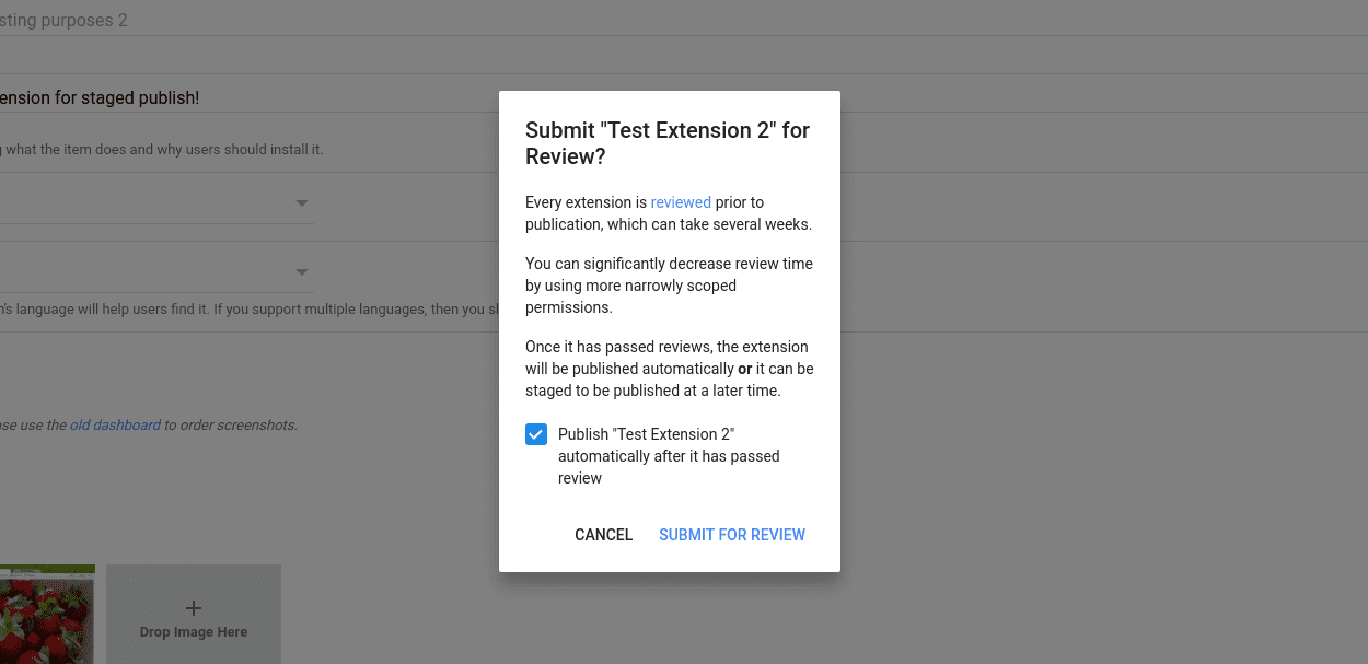 Zrzut ekranu z oknem potwierdzenia przesłania plików w Chrome Web Store