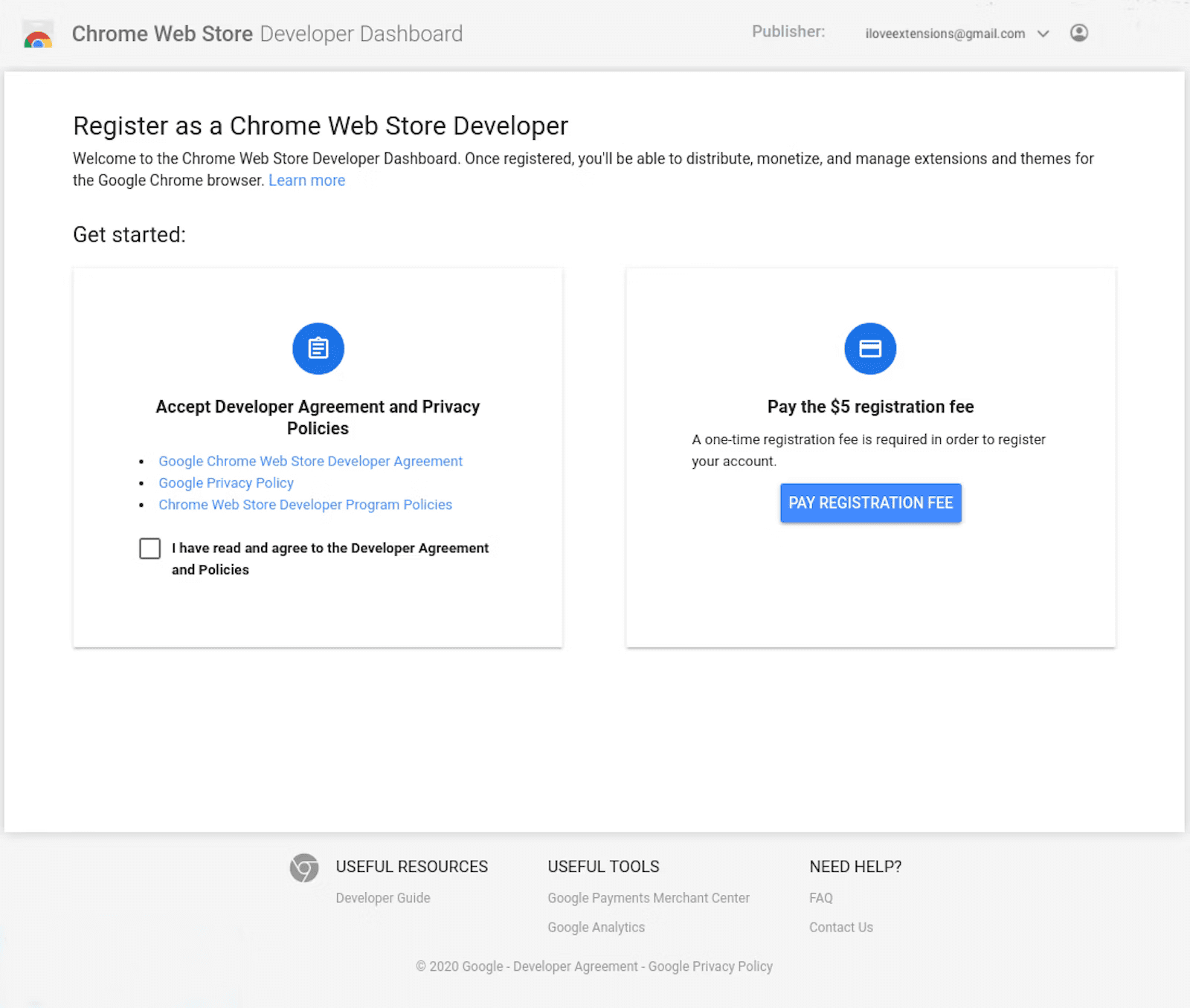 'Chrome वेब स्टोर' के डेवलपर रजिस्ट्रेशन पेज का स्क्रीनशॉट