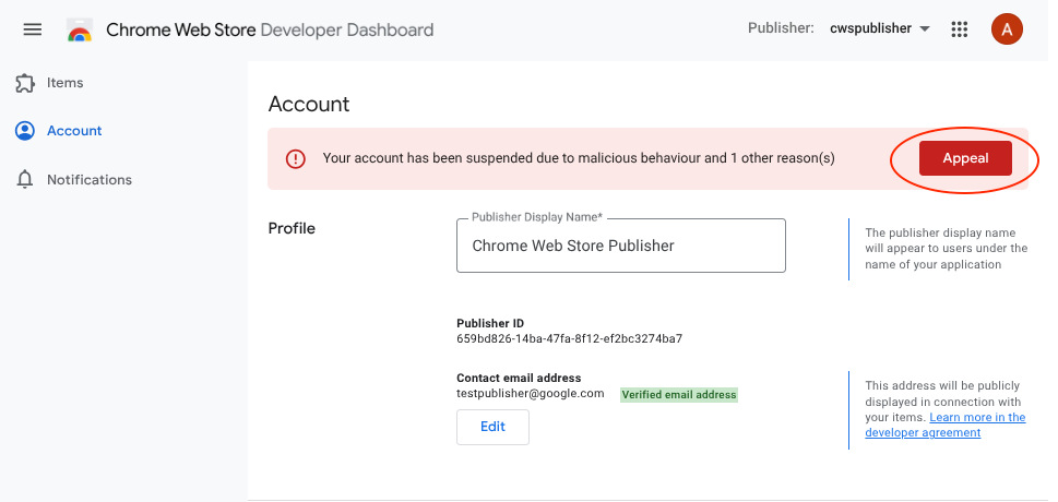 A screenshot of the Chrome Web Store developer dashboard showing the account page with a warning banner including the appeal button.