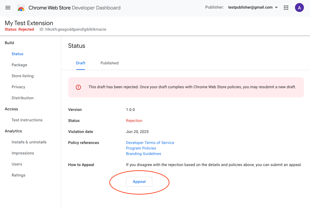 하단에 이의신청 버튼이 있는 항목 세부정보 페이지를 보여주는 Chrome 웹 스토어 개발자 대시보드의 스크린샷