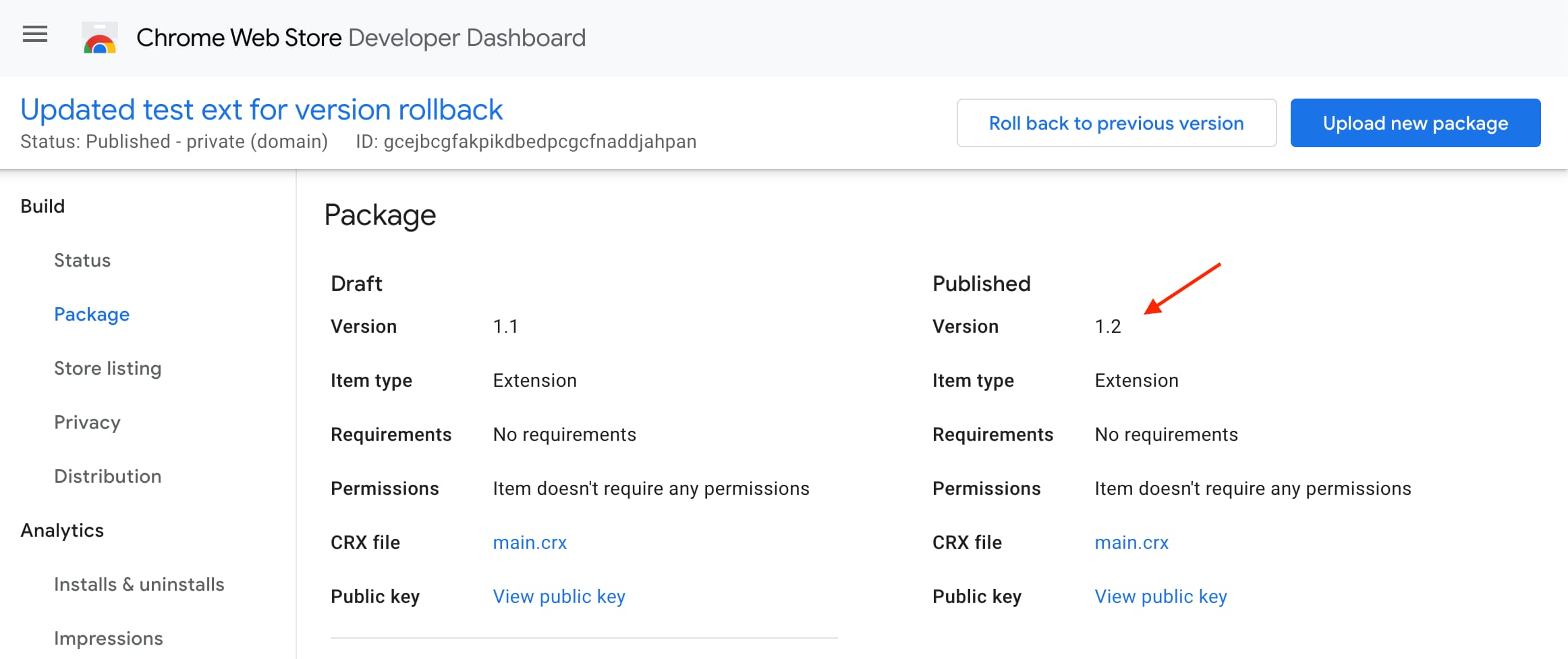 Screenshot of the Developer dashboard with the rollback version show on the build package page.