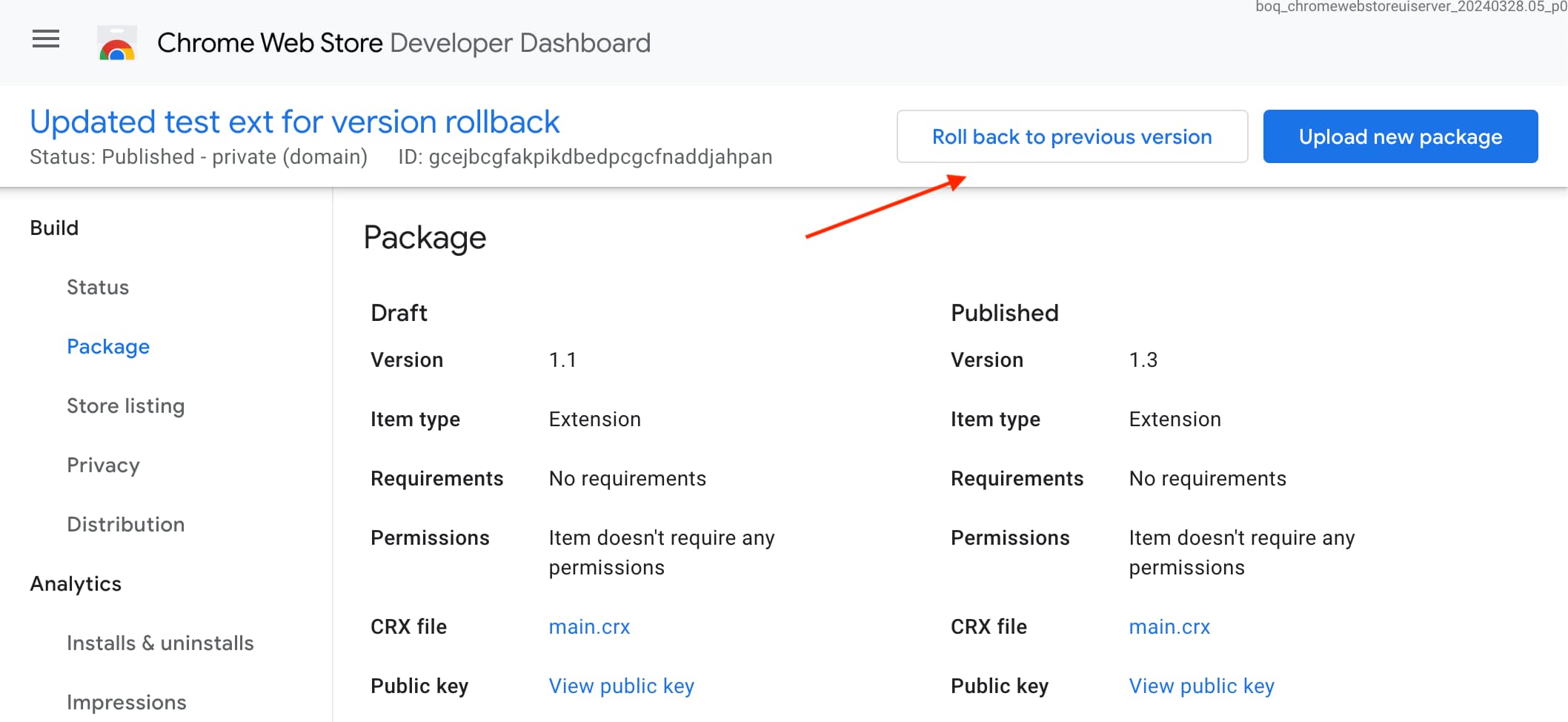 Screenshot of the Developer dashboard with the trigger rollback button.