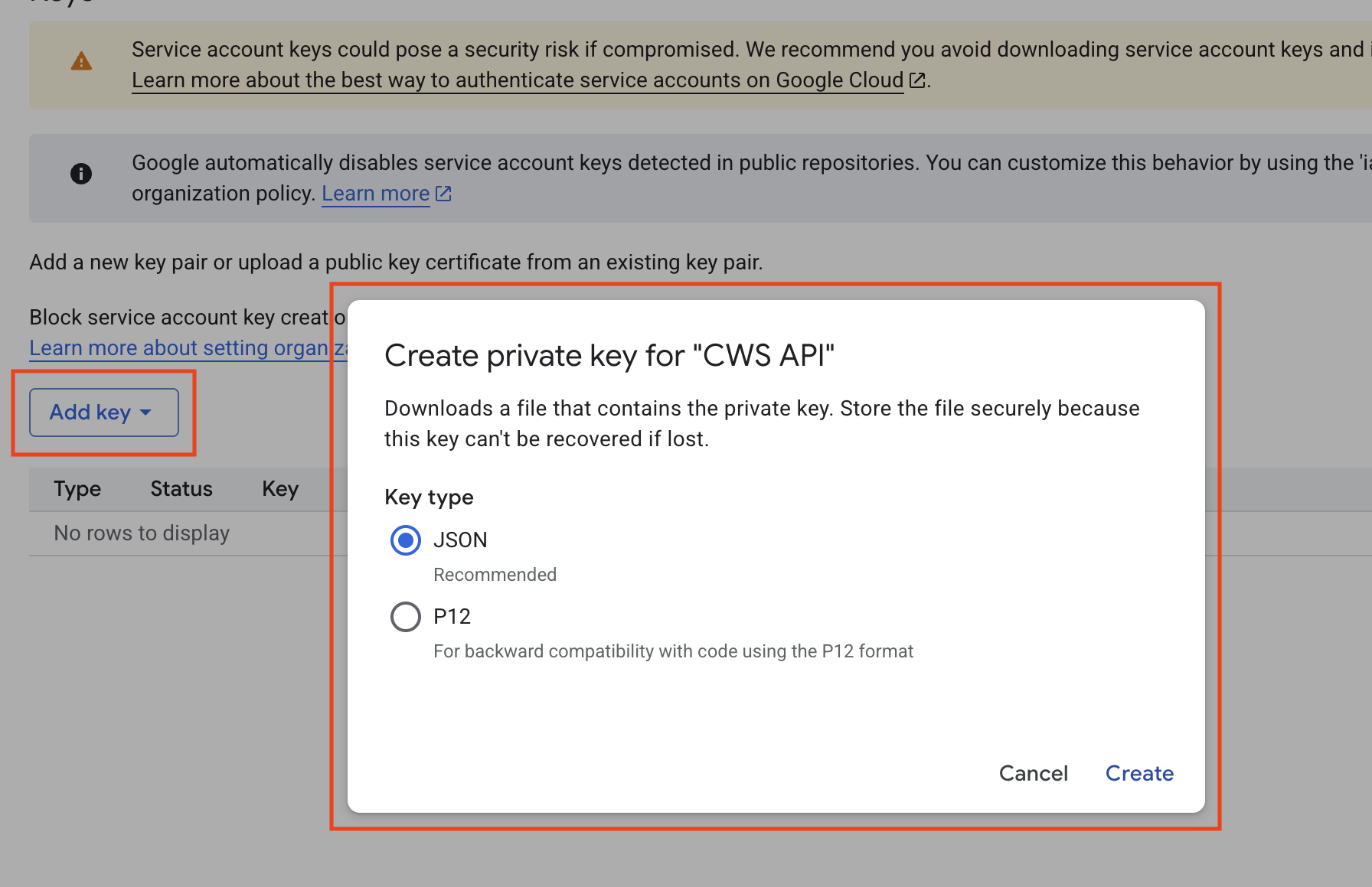 Key creation dialog in Google Cloud Console.