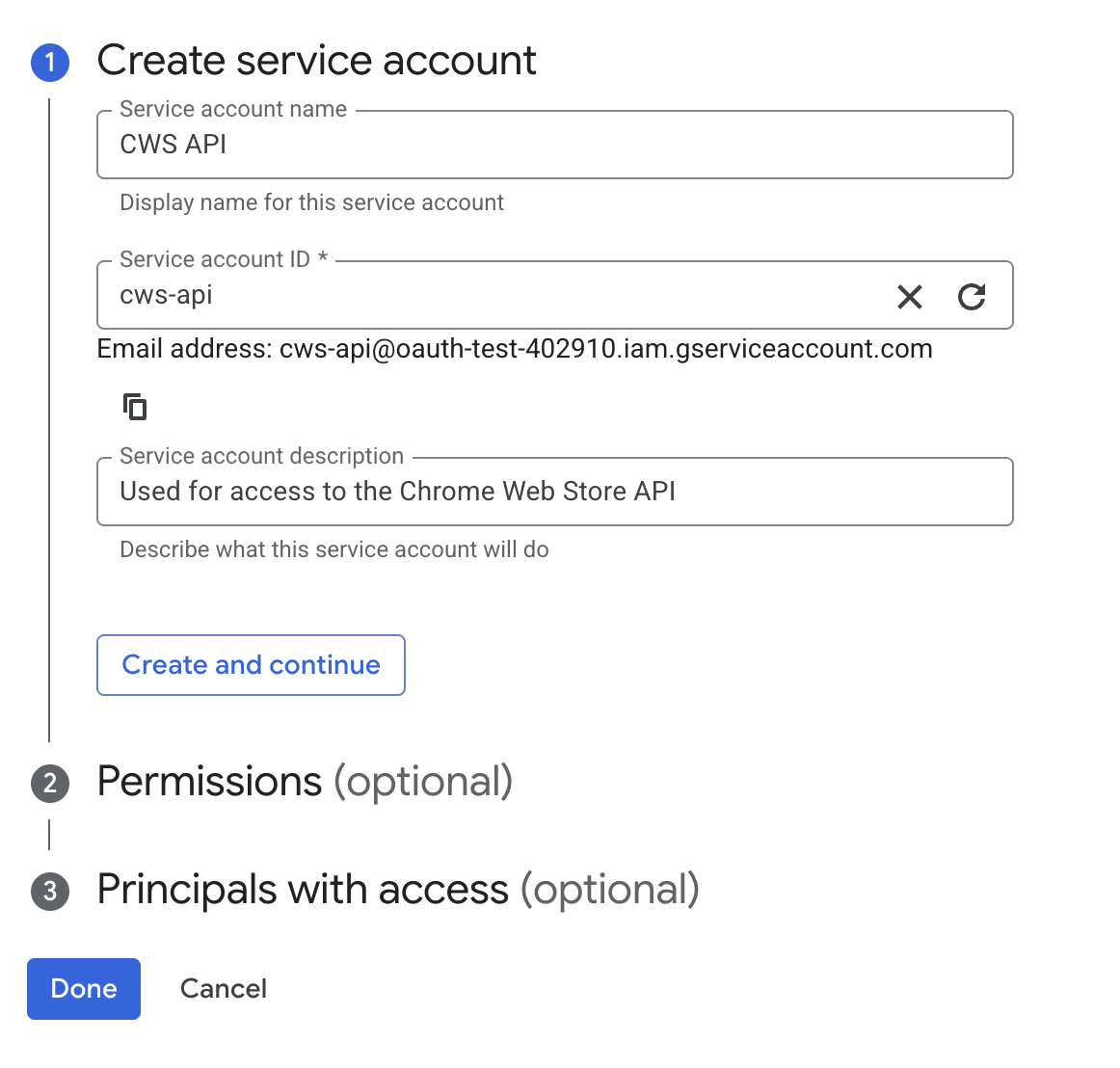 Adding a new service account in the Google Cloud Console.