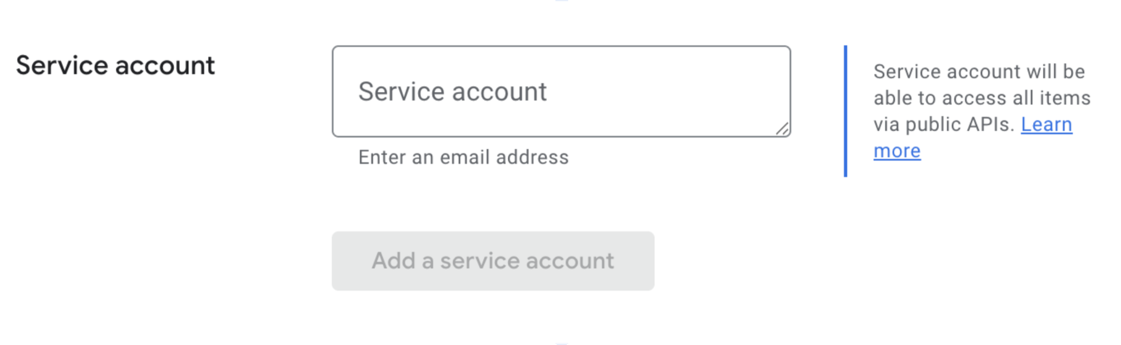 Adding a new service account in the Developer Dashboard.