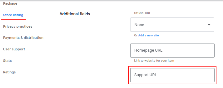 Campo de URL de suporte da página "Detalhes do app"