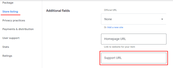 Feld für die Support-URL des Store-Eintrags