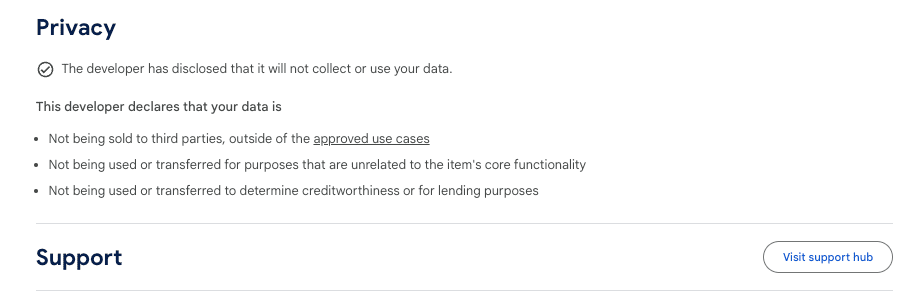 Seção de suporte na página "Detalhes do app"