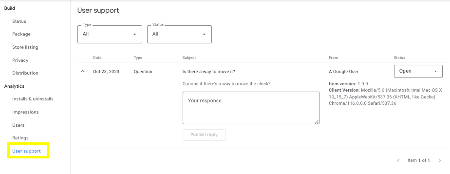 डेवलपर डैशबोर्ड आइटम में 'उपयोगकर्ता सहायता' टैब