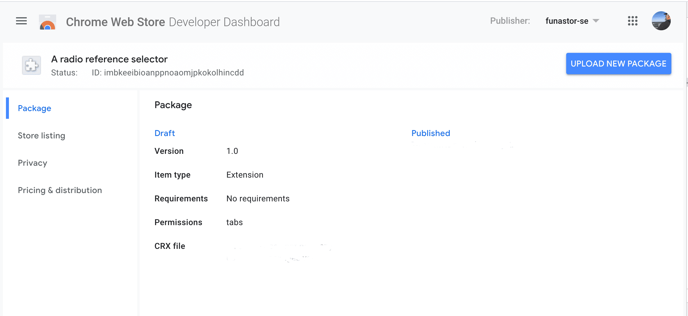 Screenshot of the Chrome Web Store developer dashboard package tab for an item