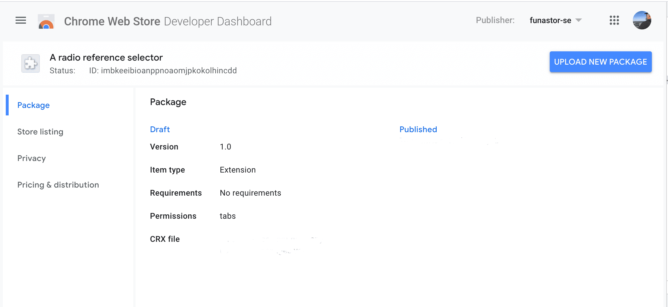 Screenshot tab paket dasbor developer Chrome Web Store untuk sebuah item