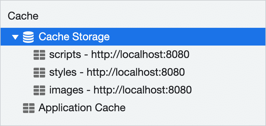 Uma captura de tela de uma lista de instâncias de Cache na guia do aplicativo do Chrome DevTools. São exibidos três caches distintos: um chamado "scripts", outro chamado "styles" e o último chamado "images".