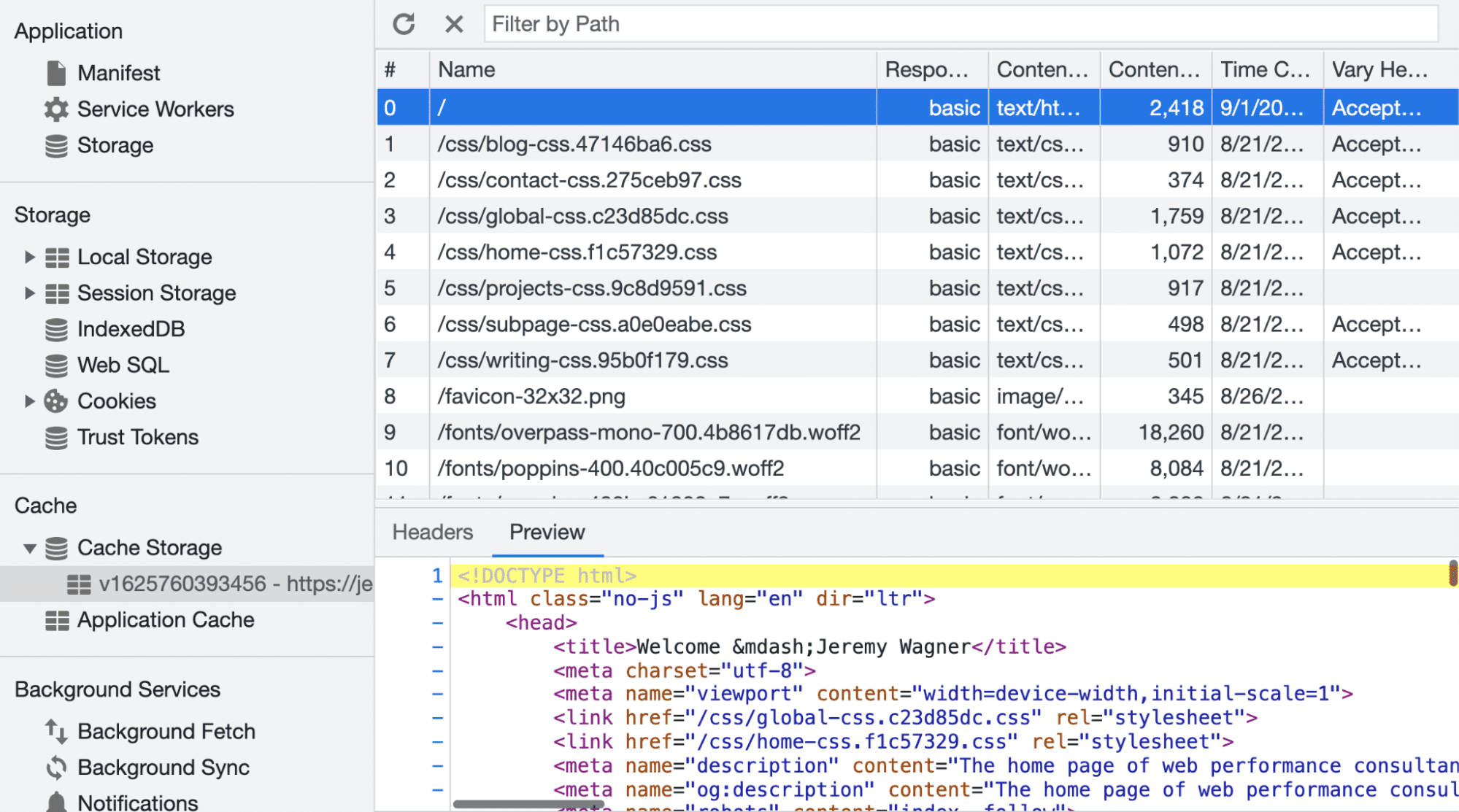 Inspecting the cache in DevTools
