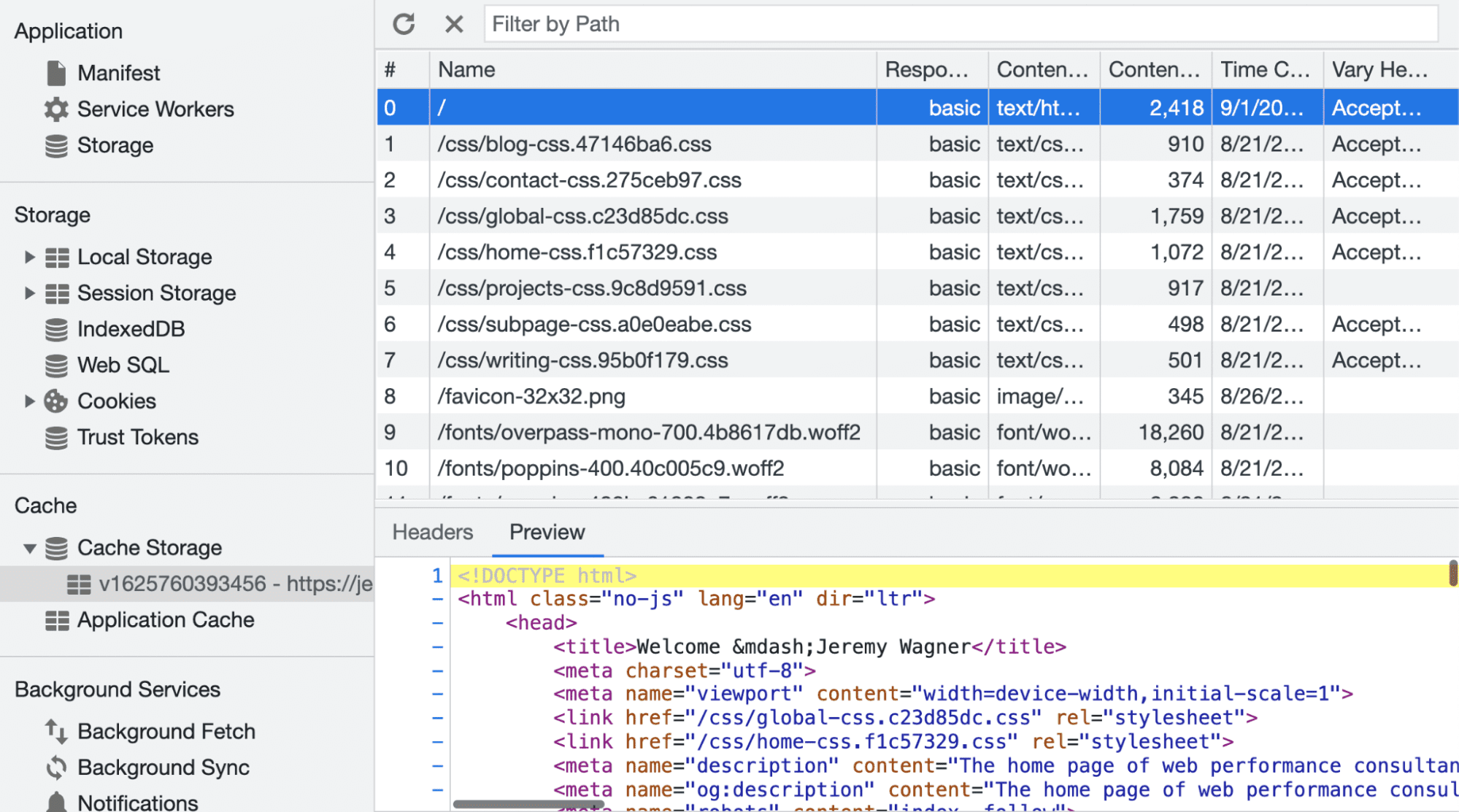 DevTools でのキャッシュの検査