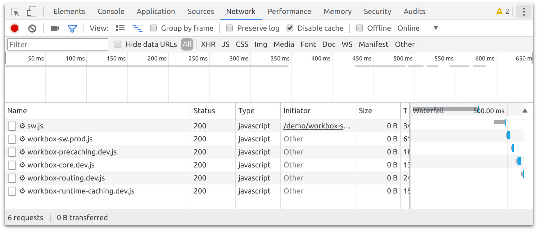 DevTools でのワークボックス ライブラリの読み込み