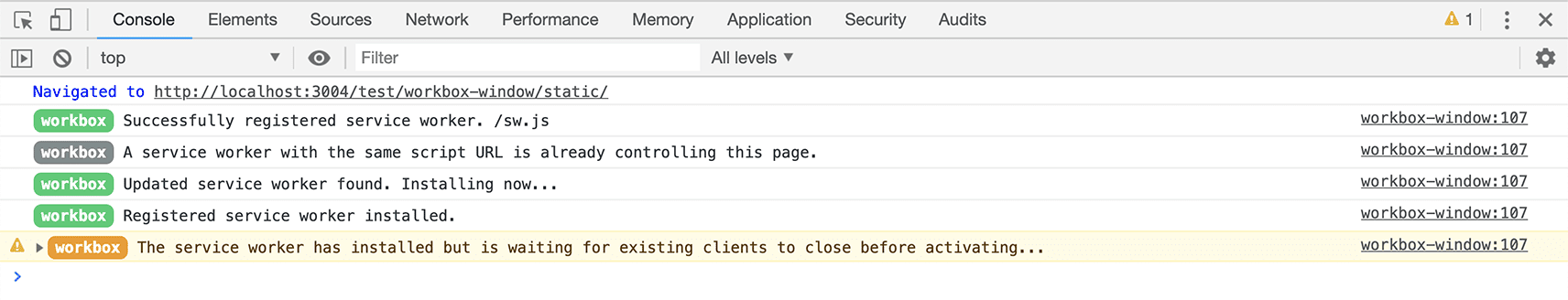 workbox-window console warning for waiting worker