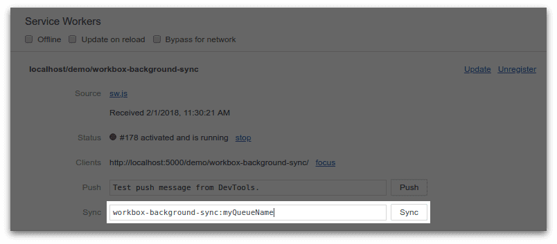 Uno screenshot dell&#39;utilità di sincronizzazione in background nel riquadro dell&#39;applicazione dei DevTools di Chrome. L&#39;evento di sincronizzazione è specificato per una coda di &quot;myQueueName&quot; del modulo &quot;workbox-background-sync&quot;.