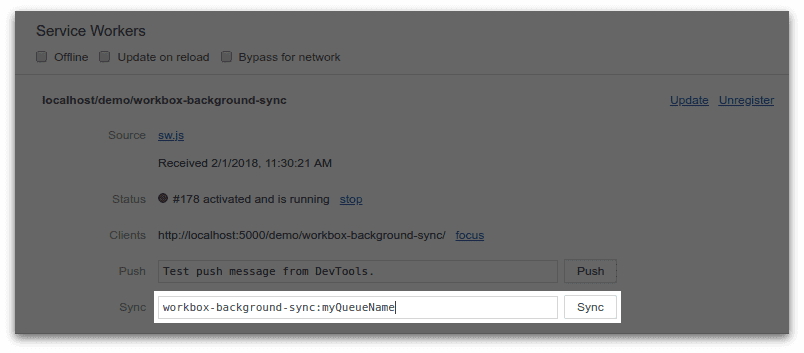 Chrome DevTools의 애플리케이션 패널에 있는 백그라운드 동기화 유틸리티 스크린샷 'myQueueName'의 대기열에 동기화 이벤트가 지정되었습니다. 'workbox-background-sync' 관련 모듈을 마칩니다