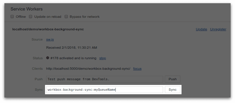 Chrome 開發人員工具應用程式面板中的背景同步處理公用程式螢幕截圖。針對「workbox-background-sync」模組的「myQueueName」佇列指定同步處理事件。