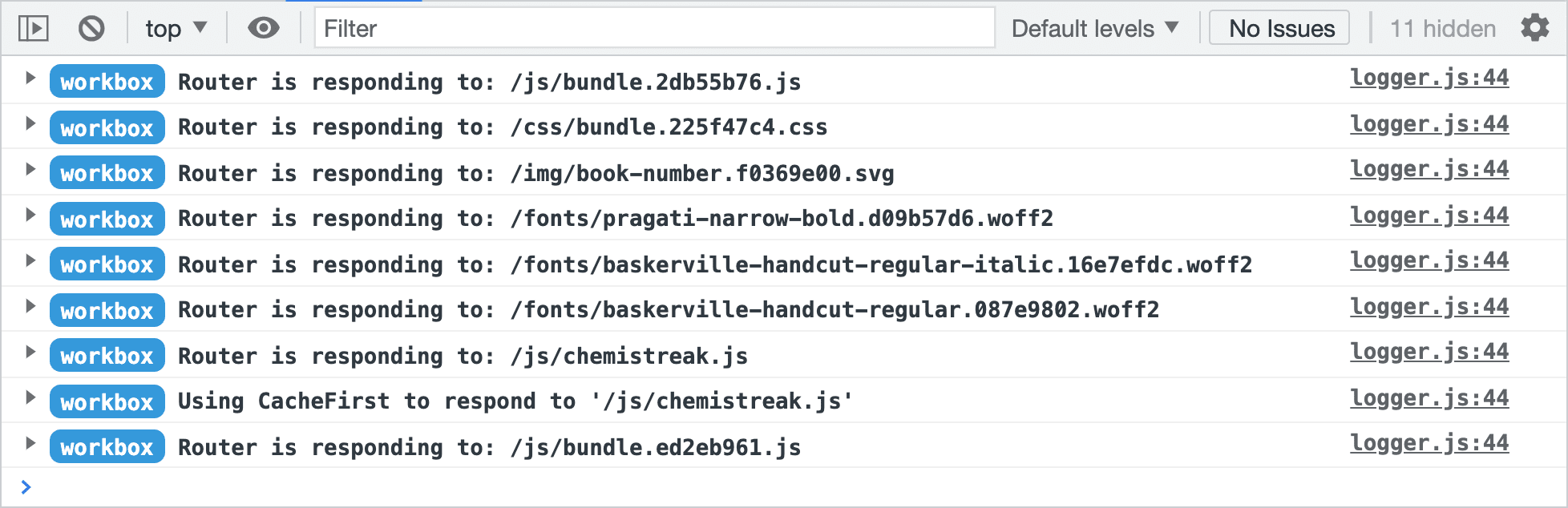 A screenshot of Workbox logging messages in the console of Chrome's DevTools. The logging messages are distinguished from normal console logs with a Workbox badge. Each message can be expanded to get further debugging information.