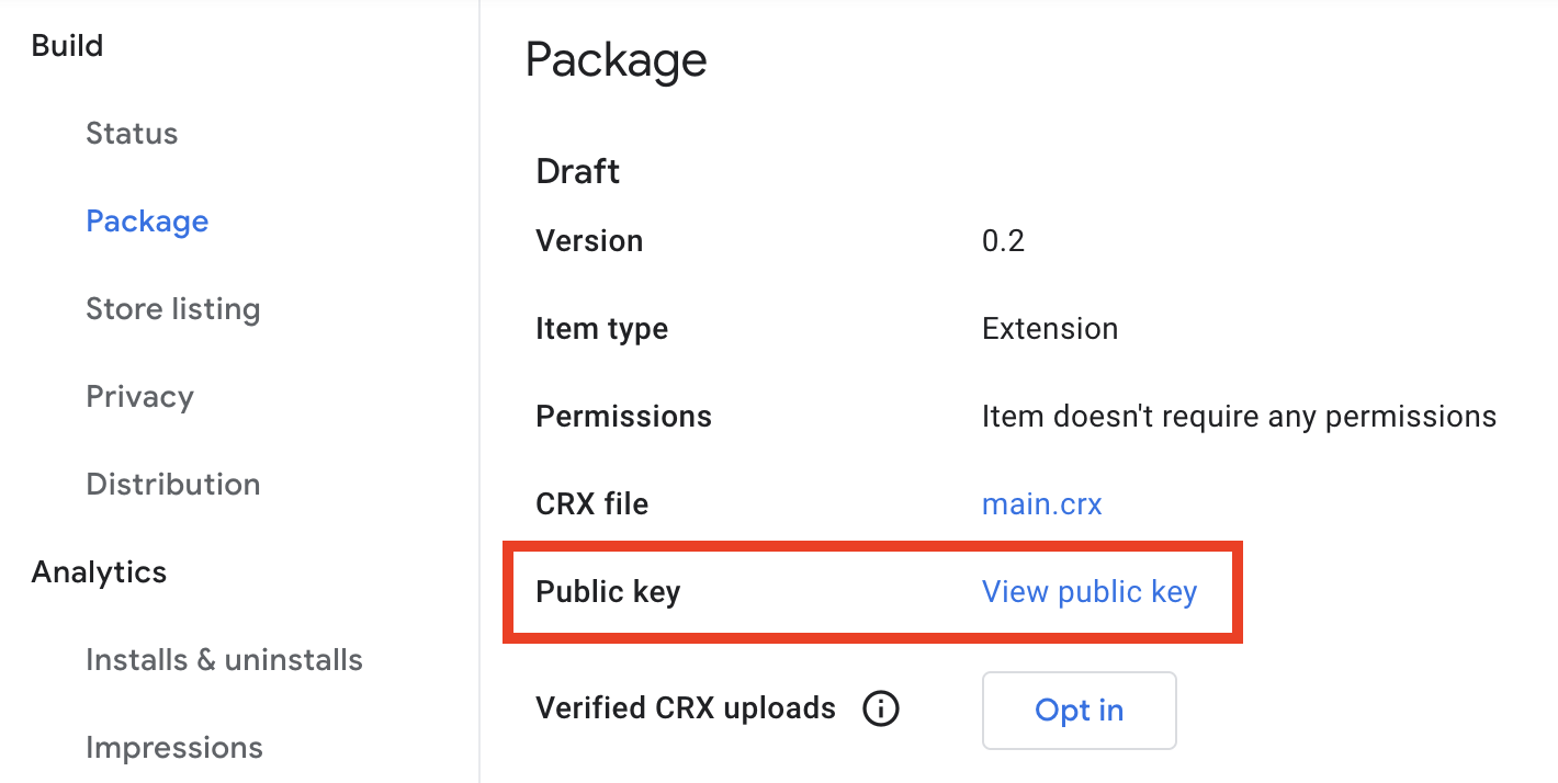 「Package」分頁中的「View public key」按鈕
