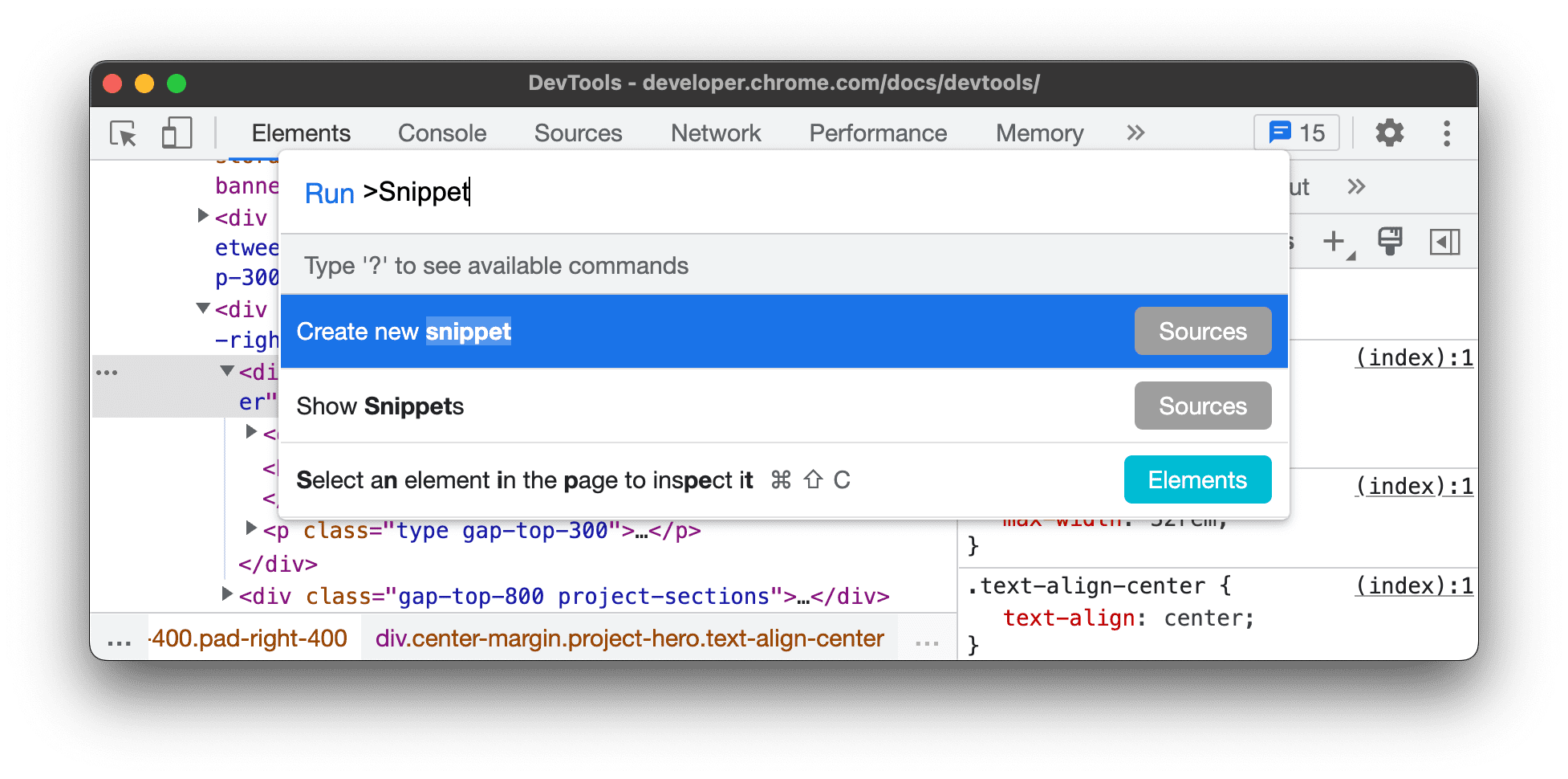 Selecting Create new snippet from the Command Menu.